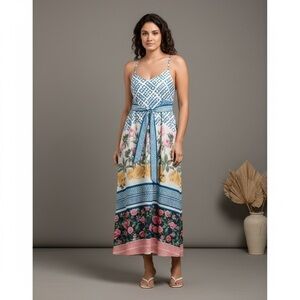 Dalia MacPhee Tie Shoulder mixed print maxi slip dress cottage core Sz Large